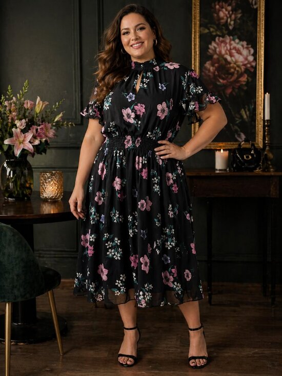 Lane Bryant Dresses & Skirts - NWT Lane Bryant Floral Dress Black Smocked Keyhole Chiffon Plus Size 24 P